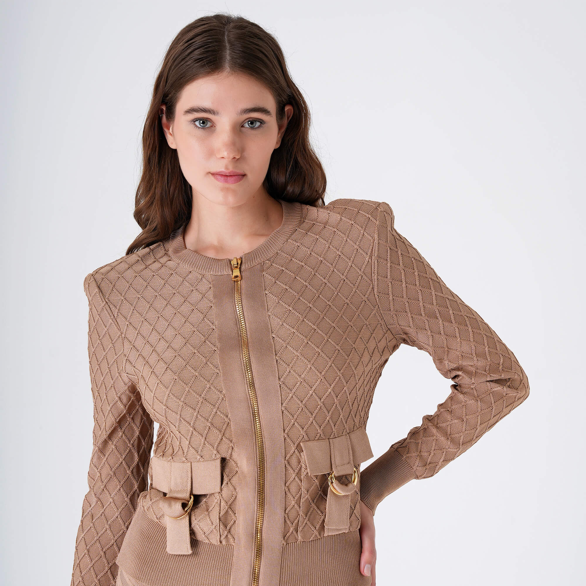 Balmain - Dark Rose Quilted Viscose Gold Zippy Jacket&Skirt Suit